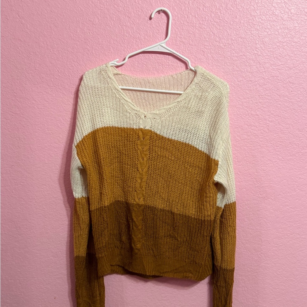 Aerie V-Neck Colorblock Sweater - Cream and Brown